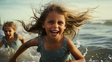 A group of children were having fun playing in the sea. photo