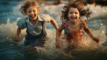 A group of children were having fun playing in the sea. photo