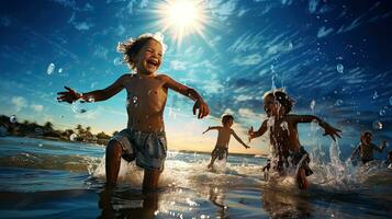 un grupo de niños fueron teniendo divertido jugando en el mar. foto