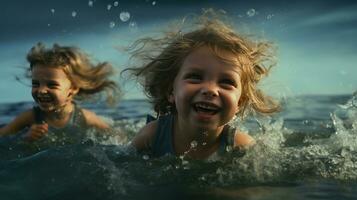 A group of children were having fun playing in the sea. photo