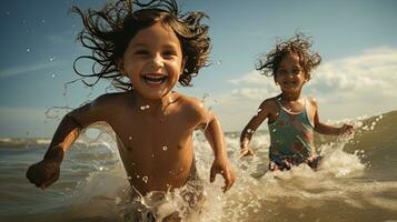 un grupo de niños fueron teniendo divertido jugando en el mar. foto