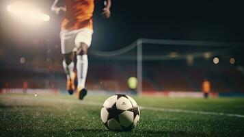 de cerca de un profesional fútbol americano jugador regate el pelota en el jugando campo. foto