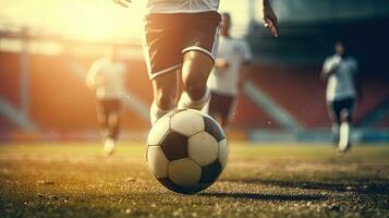 de cerca de un profesional fútbol americano jugador regate el pelota en el jugando campo. foto