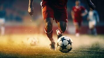 Close-up of a professional football player dribbling the ball on the playing field. photo