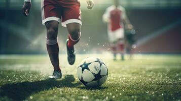 Close-up of a professional football player dribbling the ball on the playing field. photo