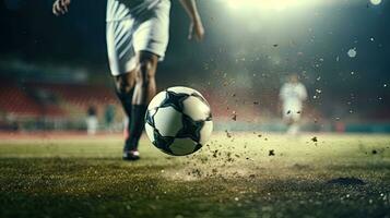 Close-up of a professional football player dribbling the ball on the playing field. photo