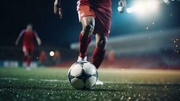 Close-up of a professional football player dribbling the ball on the playing field. photo