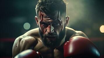 de cerca de un profesional Boxer luchando en un boxeo anillo. foto