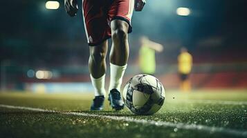 Close-up of a professional football player dribbling the ball on the playing field. photo