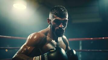 de cerca de un profesional Boxer luchando en un boxeo anillo. foto