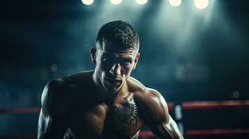 de cerca de un profesional Boxer luchando en un boxeo anillo. foto