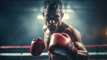 de cerca de un profesional Boxer luchando en un boxeo anillo. foto