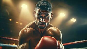 de cerca de un profesional Boxer luchando en un boxeo anillo. foto