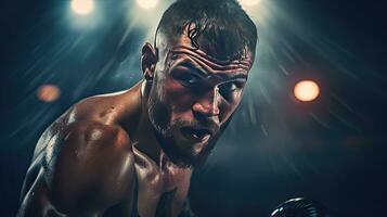 de cerca de un profesional Boxer luchando en un boxeo anillo. foto