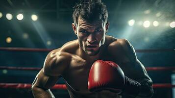 de cerca de un profesional Boxer luchando en un boxeo anillo. foto