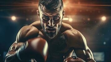 Close-up of a professional boxer fighting in a boxing ring. photo