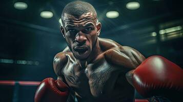 Close-up of a professional boxer fighting in a boxing ring. photo