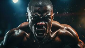 de cerca de un profesional Boxer luchando en un boxeo anillo. foto