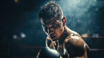 de cerca de un profesional Boxer luchando en un boxeo anillo. foto