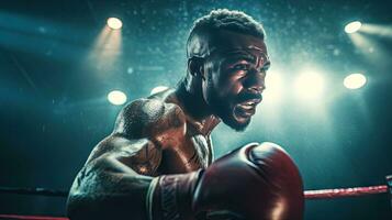 de cerca de un profesional Boxer luchando en un boxeo anillo. foto