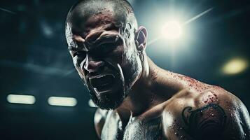 Close-up of a professional boxer fighting in a boxing ring. photo