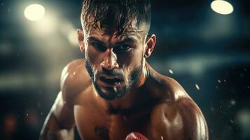 de cerca de un profesional Boxer luchando en un boxeo anillo. foto