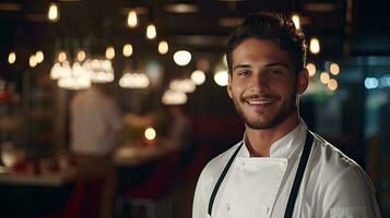 Closeup shot of smiling handsome young Italian-American chef in white uniform, standing looking at camera, behind restaurant, blurred food. photo