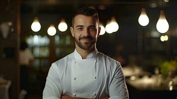 de cerca Disparo de sonriente hermoso joven Italo-americano cocinero en blanco uniforme, en pie mirando a cámara, detrás restaurante, borroso alimento. foto