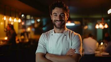 Closeup shot of smiling handsome young Italian-American chef in white uniform, standing looking at camera, behind restaurant, blurred food. photo