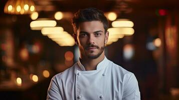 de cerca Disparo de sonriente hermoso joven Italo-americano cocinero en blanco uniforme, en pie mirando a cámara, detrás restaurante, borroso alimento. foto