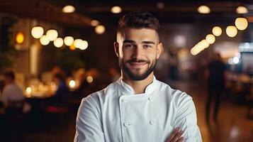 de cerca Disparo de sonriente hermoso joven Italo-americano cocinero en blanco uniforme, en pie mirando a cámara, detrás restaurante, borroso alimento. foto