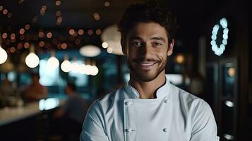 Closeup shot of smiling handsome young Italian-American chef in white uniform, standing looking at camera, behind restaurant, blurred food. photo