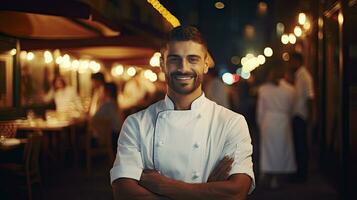 Closeup shot of smiling handsome young Italian-American chef in white uniform, standing looking at camera, behind restaurant, blurred food. photo