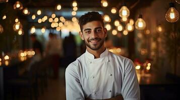 Closeup shot of smiling handsome young Italian-American chef in white uniform, standing looking at camera, behind restaurant, blurred food. photo