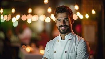 Closeup shot of smiling handsome young Italian-American chef in white uniform, standing looking at camera, behind restaurant, blurred food. photo