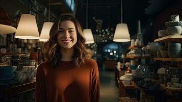 Young woman smiling confidently looking at camera in ceramics shop photo
