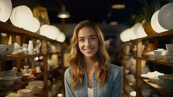 Young woman smiling confidently looking at camera in ceramics shop photo