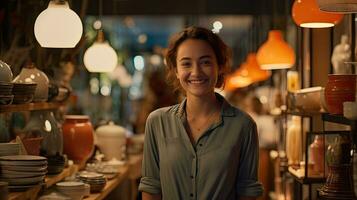 Young woman smiling confidently looking at camera in ceramics shop photo