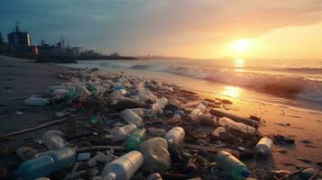 Garbage on the edge of an empty and dirty plastic bottle big city beach environmental pollution ecological problems photo