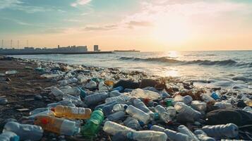 basura en el borde de un vacío y sucio el plastico botella grande ciudad playa ambiental contaminación ecológico problemas foto