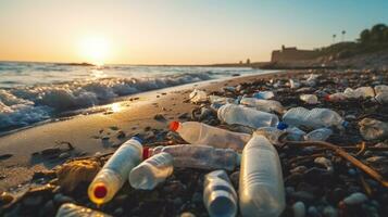 Garbage on the edge of an empty and dirty plastic bottle big city beach environmental pollution ecological problems photo