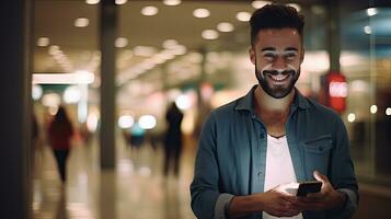 Happy handsome young man holding smartphone standing smiling in shopping mall lights photo