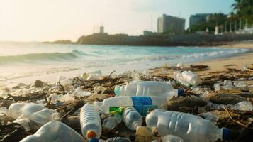 Garbage on the edge of an empty and dirty plastic bottle big city beach environmental pollution ecological problems photo