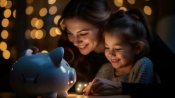 Mother and daughter holding piggy bank counting savings at night light in house photo