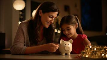 madre y hija participación cerdito banco contando ahorros a noche ligero en casa foto