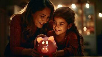 Mother and daughter holding piggy bank counting savings at night light in house photo