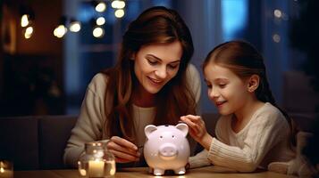 Mother and daughter holding piggy bank counting savings at night light in house photo