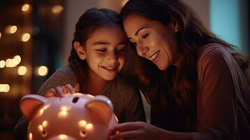 Mother and daughter holding piggy bank counting savings at night light in house photo