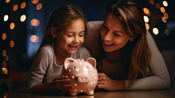 Mother and daughter holding piggy bank counting savings at night light in house photo