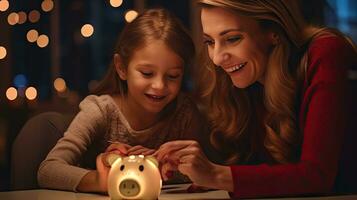 Mother and daughter holding piggy bank counting savings at night light in house photo